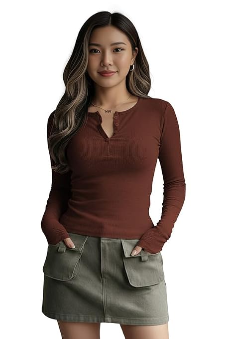 Dream Beauty Fashion Women's Long Sleeve Slim Fit Top/T-Shirt Henley Neck Casual