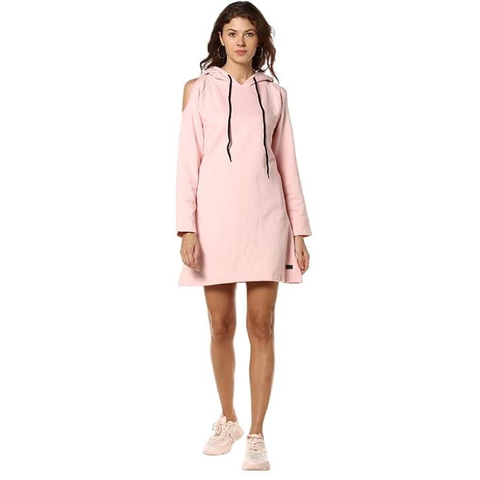 PINACOLADA Women's Hoodie Dress for Casual Wear | Hooded Neck | Long Sleeve | Drawstring Closure | Cotton Sweatshirt Crafted with Comfort Fit for Everyday Wear | Pink
