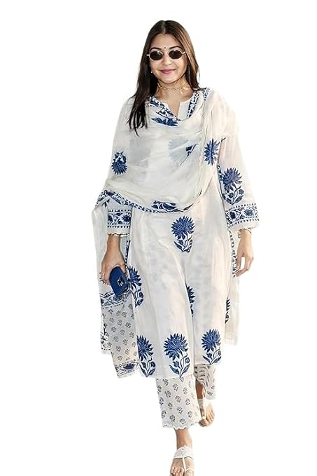 Nermosa Women's Hand Block Floral Printed Straight Kurta Set with Palazzo Pants & Dupatta Ethnic Kurta Set for Casual Outings Day Events Summer Wear Festive