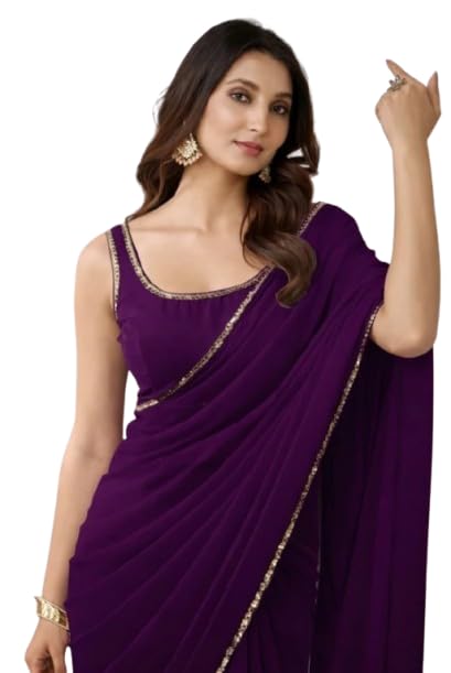 Women's Plain Georgette Saree with Sequin Lace Border and blouse piece