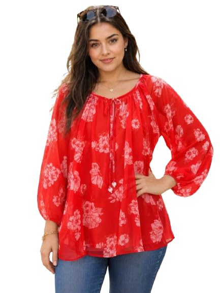 PS PEACHES Women Georgette Full Sleeves Round Neck Floral Print Top with Camisole|Western Tops for Woman Stylish|Party & Casual Wear