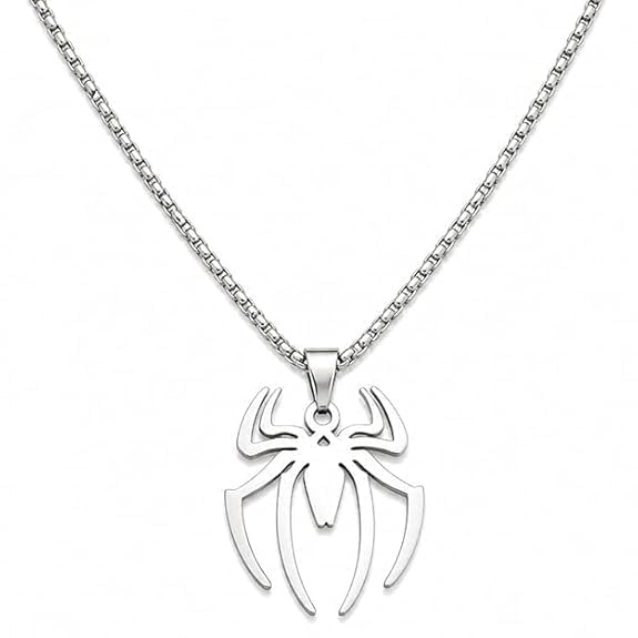 Spider Pendant Necklace for Men, Silver Stainless Steel Chain