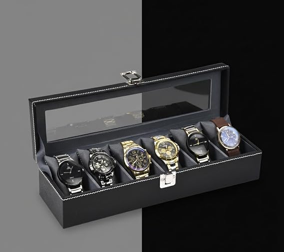 STORESHINE Men's and Women's Leatherette Watch organizer holder Case for 6 Watches in Black Grey Color, Removable Watch Cushions, Watch Box Holder, Gift for Loved Ones