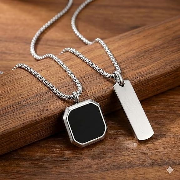 Men's Jewellery Square Bar Stainless Steel Silver Locket Pendant Necklace Chain For Men Boys and Men Unisex Pendant Accessories for Men & Boy | Birthday Gift