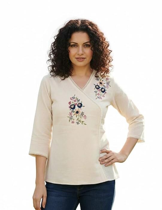 YOELLA Women's Organic Cotton Hand Embroidered Tunic Top, Off-White Floral V-Neck Indo-Western Kurti with 3/4 Sleeves for Office, Party, Casual