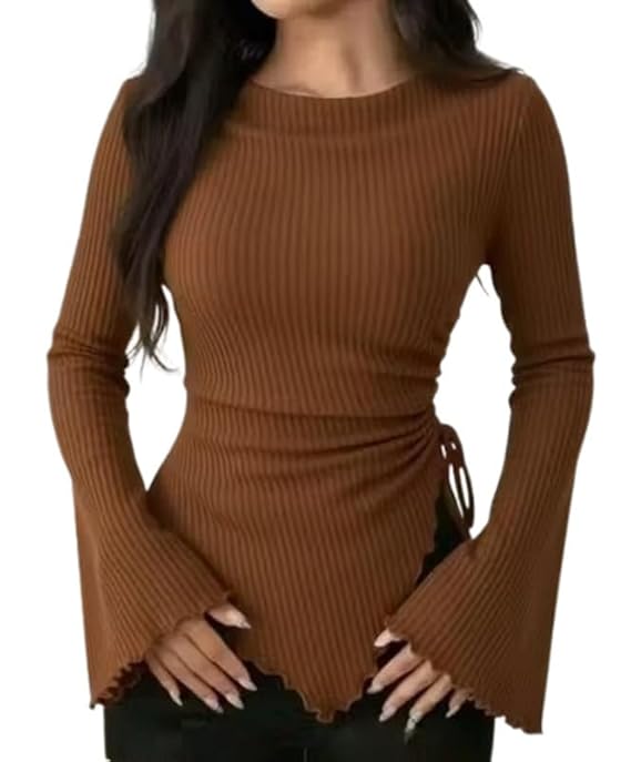 Ribbed Bell Sleeve | Round Neck Slim Fit Stretchable for Casual
