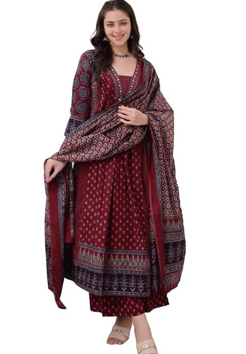 KLOSIA Women's Rayon Printed Anarkali Kurta and Pant with Dupatta Set