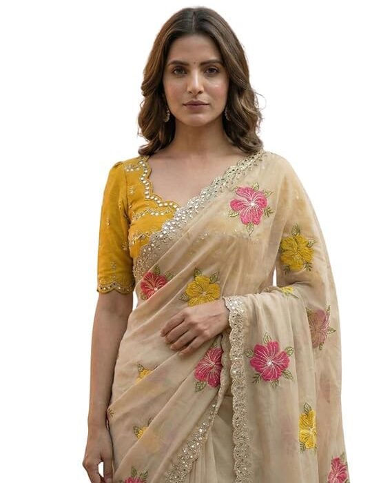 AKHILAM Women's Shimmer Organza Sequence Embroidery Saree With Unstitched Blouse Piece Traditional Ethnic Wear Sari