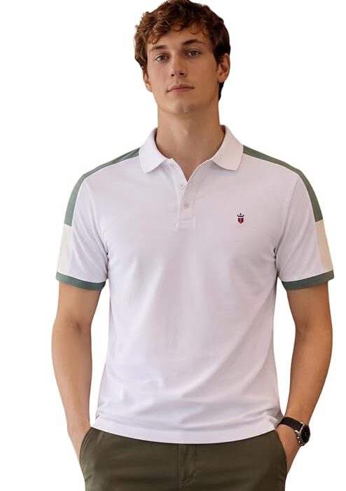 Louis Philippe Men's Slim Fit Premium High-End Pique in Superior Cotton Cut & Sew Design Color Block Shoulder Half Sleeve Polo Tshirt