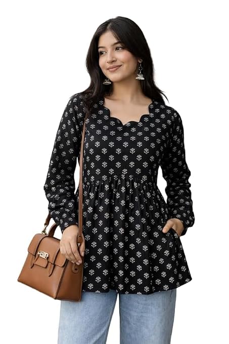 Women's Black Floral Print Peplum Top with Scallop Neckline