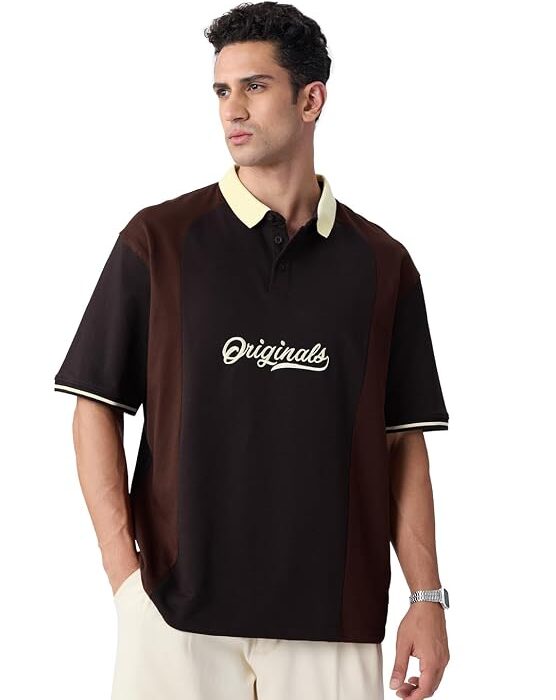The Souled Store Originals: Men and Boys Short Sleeves Polo Collar Cream Colour Block Cotton Casual Lightweight Drop Shoulder Streetwear Trendy Oversized T-Shirts