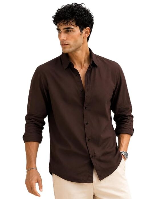 Zilcon Men's Solid Coffee Brown Casual Cotton Blend Shirt