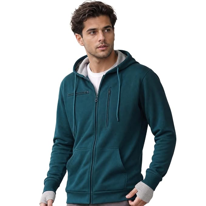 NOBERO Travel Hoodies for Men|Cotton Fleece Solid Hooded Full Sleeve Sweatshirt|15 Utility Features,Tab & Drinks & earphones Holder,Charger & Sunglass Pocket, Microfiber Cloth,In-Built Gloves,Eye Mask
