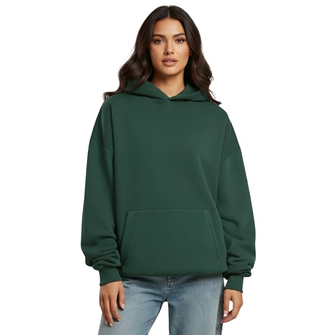 DROBE Cotton Plain Hooded Neck Oversized Hoodie for Women