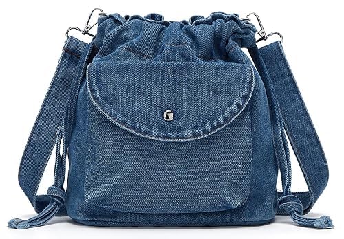 Women’s Denim Drawstring Sling Bag with Flap Pocket for Daily Use
