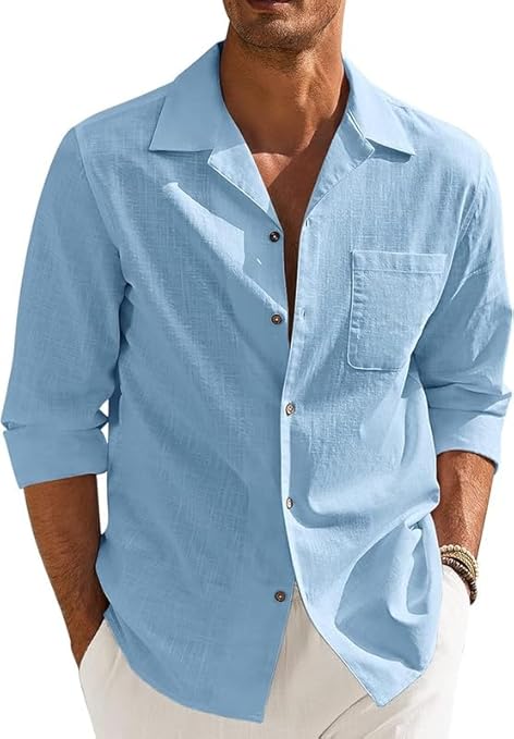 Men’s Casual Cotton Blend Shirt || Long Sleeve Button Down with Spread Collar | Lightweight Breathable Fabric | Stylish Solid Shirt for Beach, Office & Everyday Wear
