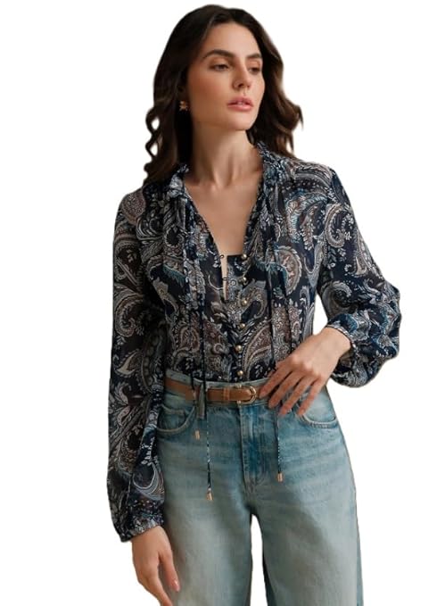 Zurity Women Georgette Regular Fit Shirt ||Women Top || Cecily Paisley-Trim Button-Front Shirt