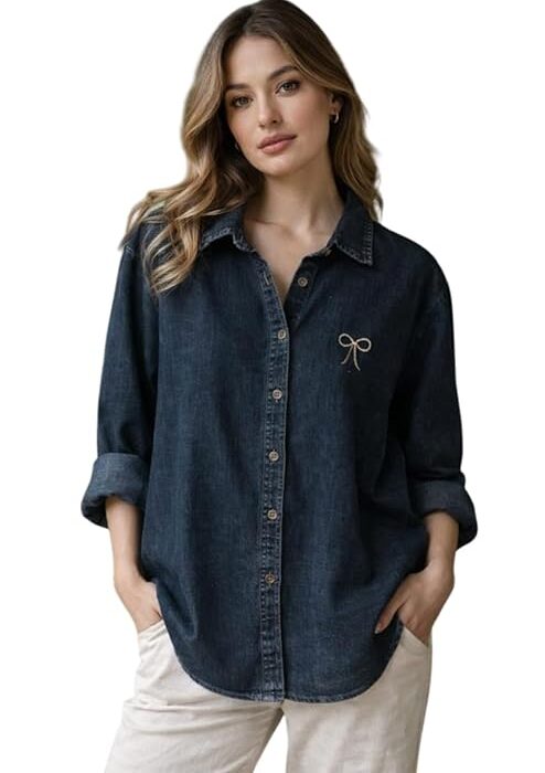 Women's Effortless Denim Charm: Classic Button-Down Shirt with Minimal Bow Detail, Relaxed Fit for Everyday Casual Elegance and Timeless Style