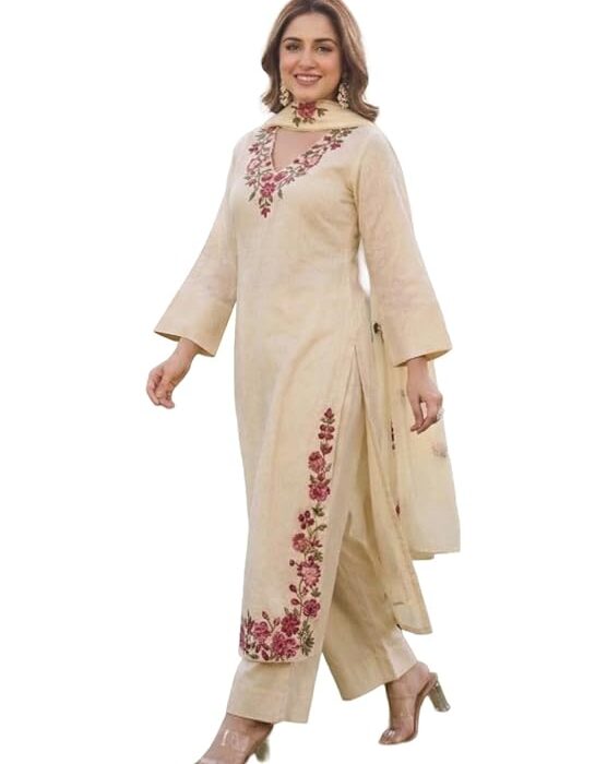 ANNI Designer Kurta Sets for Women Viscose Blend Embroidered | Kurta Palazzo Dupatta Set | Designer Kurti Set for Women | V Neck Full Sleeve Ethnic Suit | Indian Kurta Outfit with Palazzo Pants