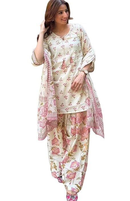 KLOSIA Women’s Floral Printed Farshi Salwar Suit Set with Dupatta | Straight Kurta, Wide-Leg Salwar&Dupatta | Traditional Ethnic Wear Set | Kurta Sets for Women