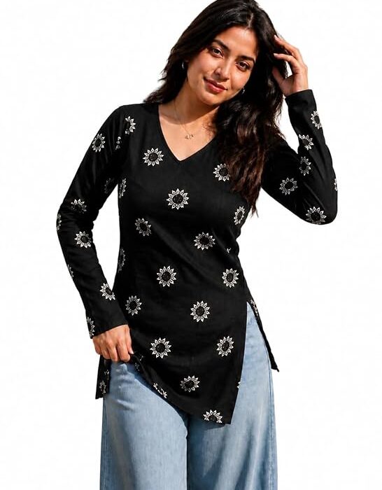 FELISIA Women's Rayon Floral Printed Full Sleeves V-Neck Short Kurti, Bell Sleeves, Short Kurti for Woman, Stylish Ethnic Top, Daily Casual Western, Office wear