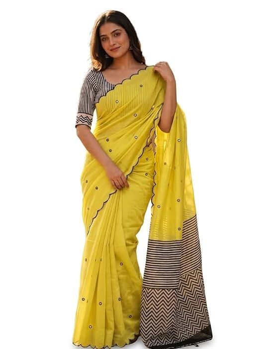 Linen Cotton Saree with Black Mirror Work