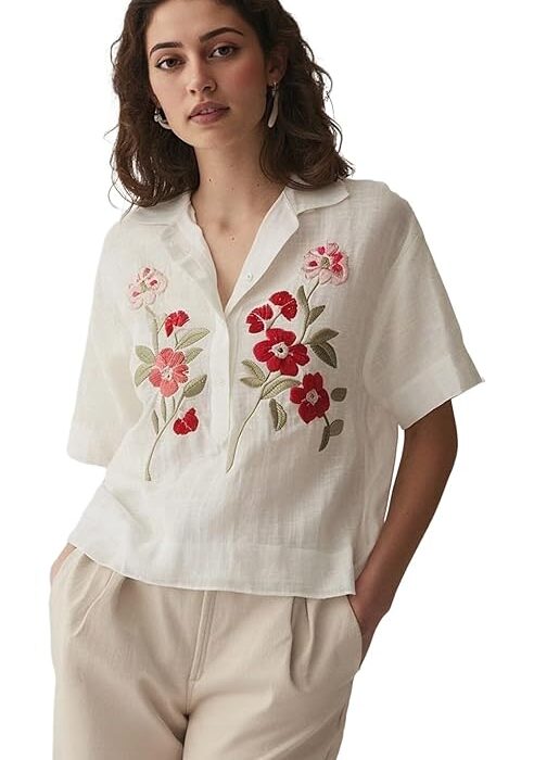 ANNI Designer Women Relaxed Fit Cotton Embroidered Tops | Floral Thread Work Short Sleeve Shirt | Casual Summer Wear for Office & Daily Use