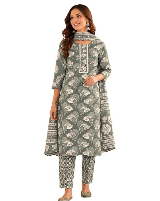 Womens Pure Cotton Floral Printed Straight Kurta with Pant and Dupatta Set | Everyday Ethnic Wear