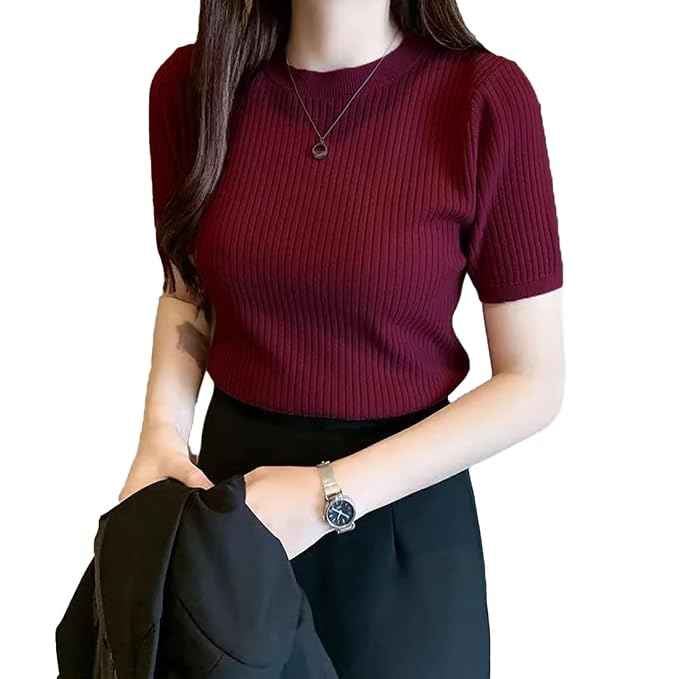 Istyle Can Women Ribbed Slim Fit Top | Stretch Cotton Knit Crew Neck T-Shirt | Solid Casual Short Sleeve Tee for Office, Layering