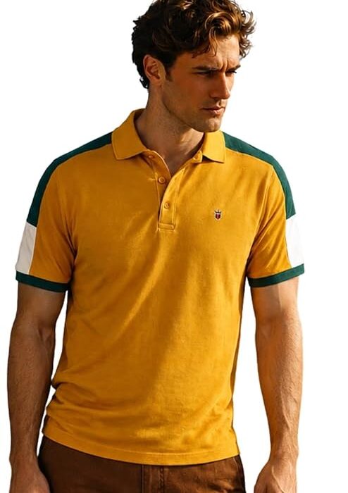 Louis Philippe Men's Slim Fit Premium High-End Pique in Superior Cotton Cut & Sew Design Color Block Shoulder Half Sleeve Polo Tshirt