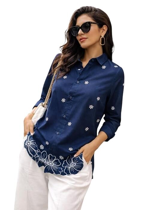 Women’s Cotton Embroidered Shirt Blue | Floral Embroidery Casual Wear Shirt for Women | Soft Cotton Stylish