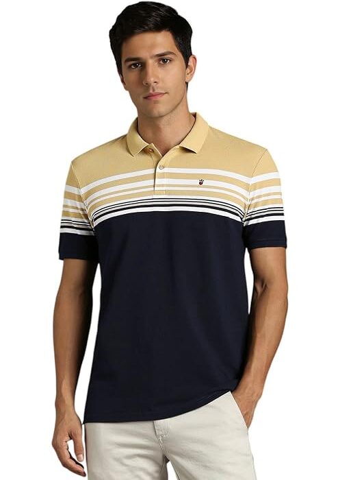 Louis Philippe Men's Slim Fit Striper Design Aesthetic Solid Pique Half Sleeve Polycotton Polo Tshirt with Stretch