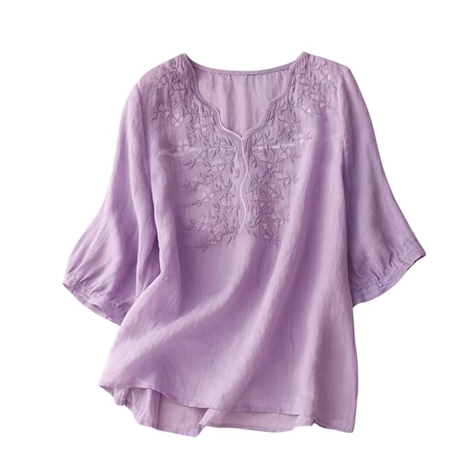 RIEKA Womens Elegant Beige Floral Embroidered Tunic Top with Scalloped V Neck, Elbow Length Sleeves, Relaxed Fit, Lightweight, Casual Ethnic Style Top