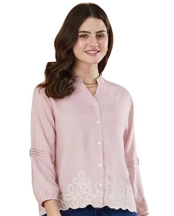 PEACH PIPER Western Tops for Woman - Viscose Rayon Embroidered Mandarin Collar Casual Shirt, Full Sleeves Top, Stylish, Straight Hem, Button Placket, Solid Opaque Design