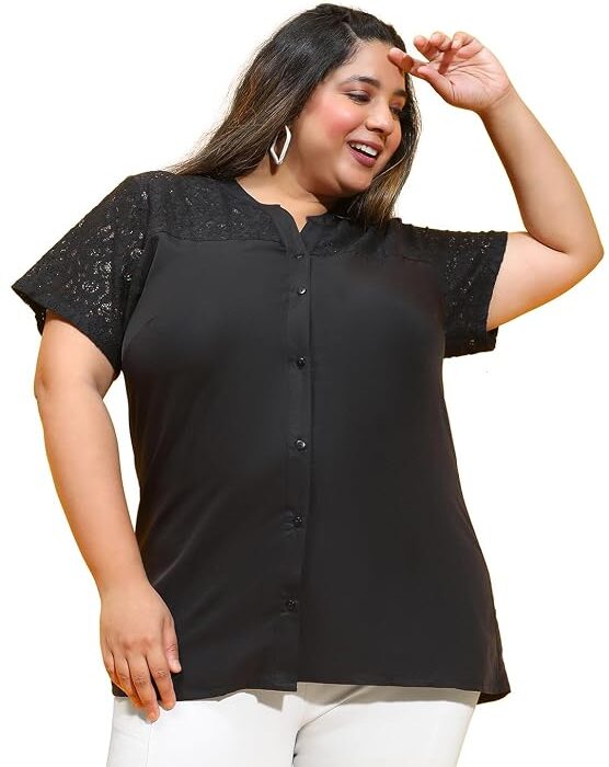 Women Plus Size Classic Maroon Top with Elegant Lace Office Wear