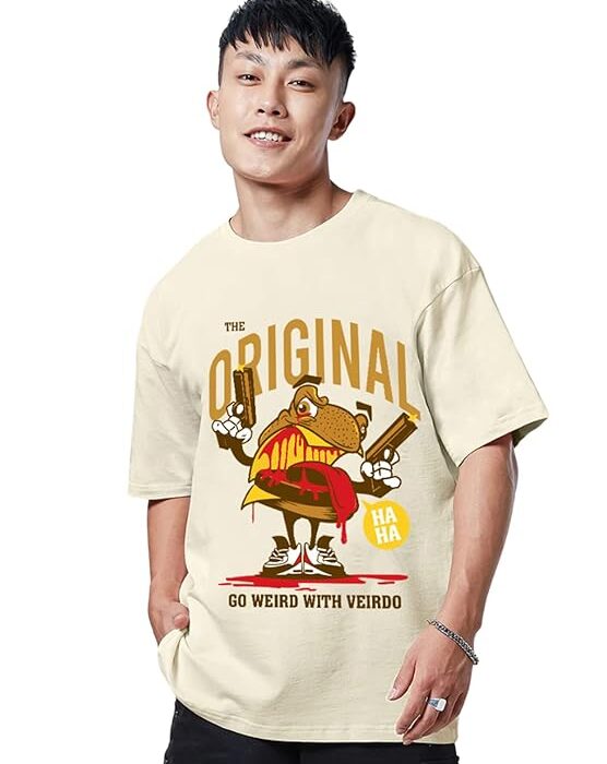 Veirdo Men's Cotton Oversized Fit® Oversized Baggy Fit Drop Shoulder Cool and Stylish Latest Graphic Printed Design Half Sleeve T-Shirt