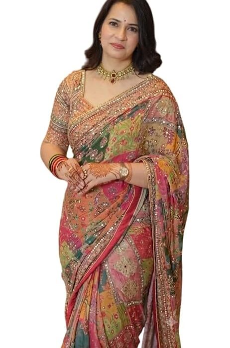 SATPURUSH Printed Chinon Silk Saree with Zari Woven Mirror Work and Unstitched Blouse Piece for Women Traditional Party Ethnic Wear Saree