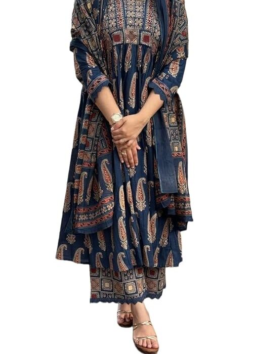 Nermosa Women's Printed Anarkali Kurta Palazzo Set with Dupatta