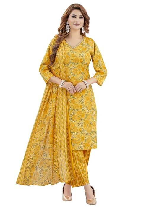 Women 3 Piece Suit Set with Dupatta Floral Printed Kurta with Handwork Embroidery Neckline Straight Fit Ethnic Wear for Office & Traditional Occasions
