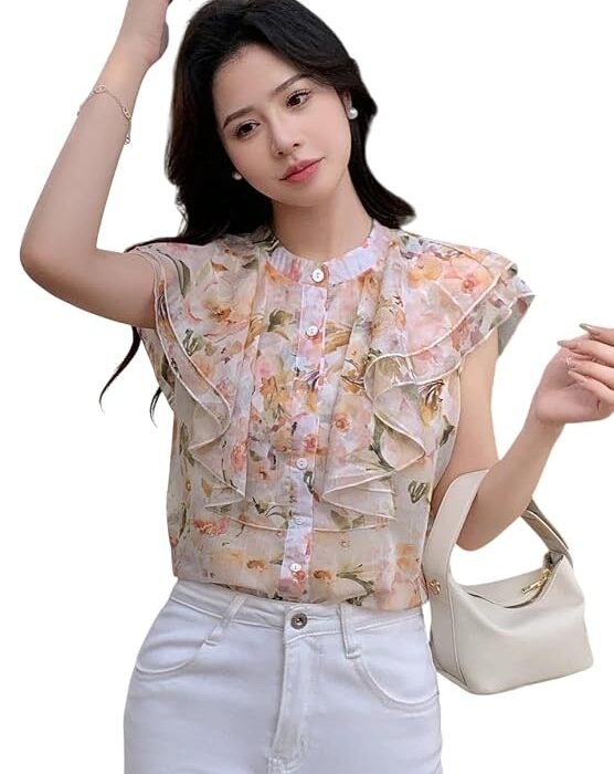 Womens Regular Fit Shirt | Premium Chiffon Allover Print Sleeveless Shirts for Casual & Office Wear | Stylish Summer Button-Down Shirt for Girls & Women