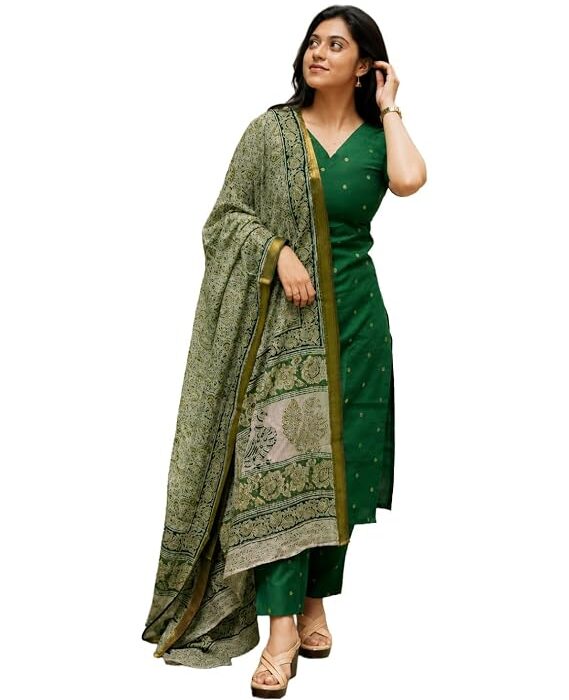 GoSriKi Kurta Set Women Viscose Printed | Kurti Set Woman | Kurta Pant Dupatta 3 Piece Outfit | V-Neck Elbow Length Sleeve Straight Fit Ethnic Wear Ladies Dress Stylish Traditional Clothing