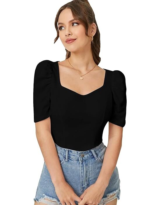 Dream Beauty Fashion Women's Sweet Heart Neck Balloon/Puff Bishop Sleeve Elegant Casual Tee Top, 23" inches
