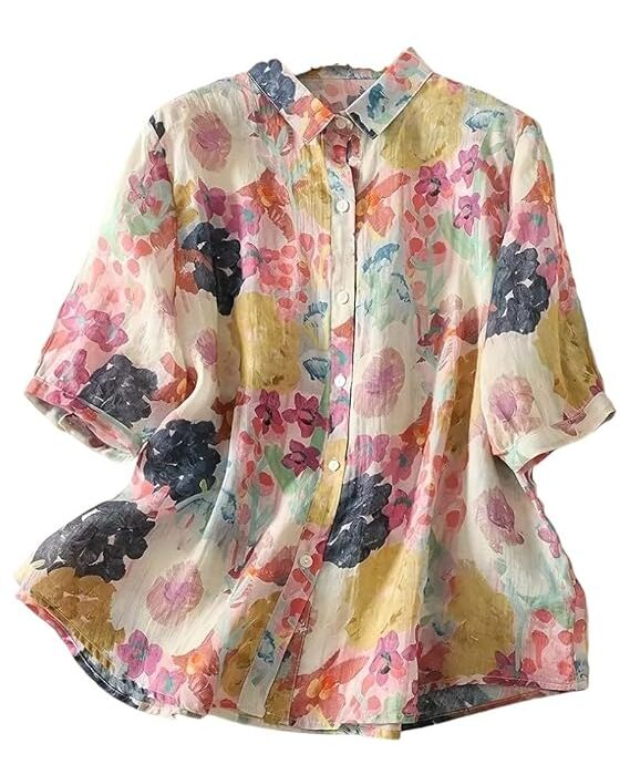 Gufrina Women’s Casual Button-Down Shirt with Multicolor Floral Print & Half Sleeves, Collar Neck