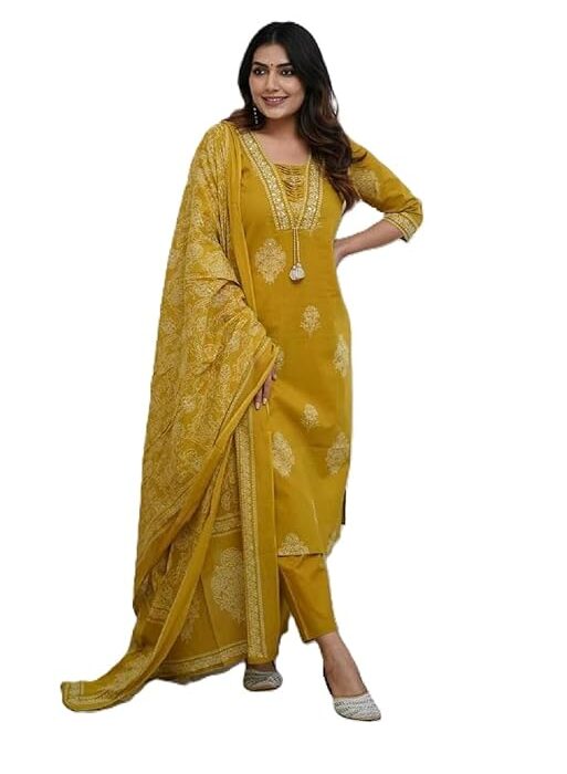 PARTHVI|Women's Pure Cotton Printed with Handwork Kurta with Pants and Dupatta Set | Ethnic Set | Suit Set | Kurta Set | Wedding Suit Set