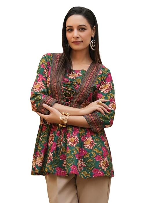 Leriya Fashion Women's Rayon Paisley Printed Regular Fit Tunic Western Tops Short Kurti Comfortable Everyday Wear & Half Sleeves, Collar Neck