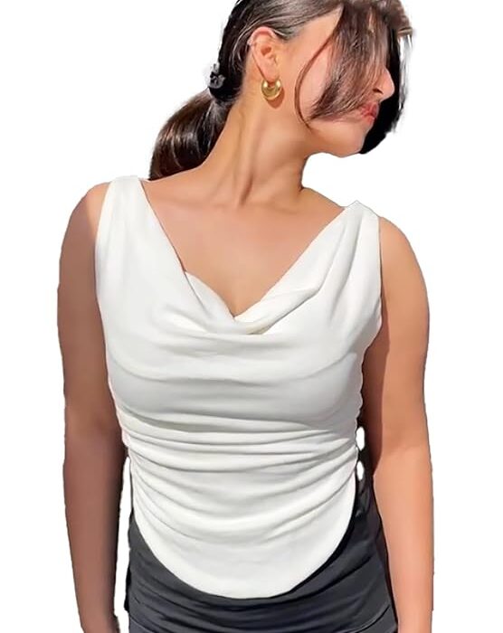 Istyle Can Women's Solid/Plain Asymmetric Hem Stretchable Draped Crop Top. Sleeveless, Single Shoulder, Off Shoulder, Cowl Neck, Crop Length