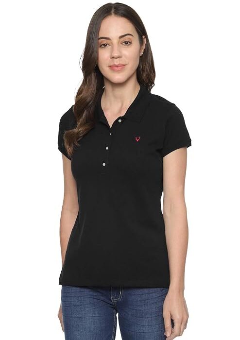 Allen Solly Women's Polo Neck Synthetic T-Shirt | Soft Touch Fabric | Regular Fit | Solid Casual Tee