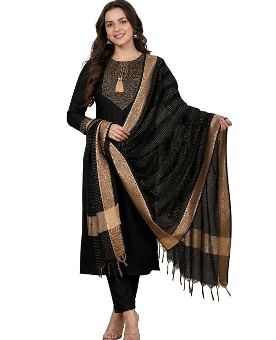 Womens Cotton Straight Kurta and Pant with Dupatta Set | Yoke Design Three Piece Ethnic Suit Set | Festive