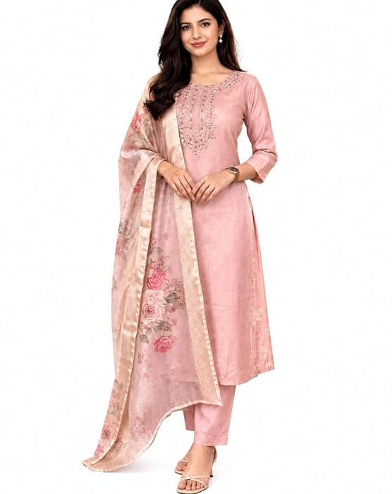 Women's Dusty Pink Rayon Kurta Set with Dupatta & Pants – 3-Piece Ethnic Wear Suit, Round Neck, 3/4 Sleeve,