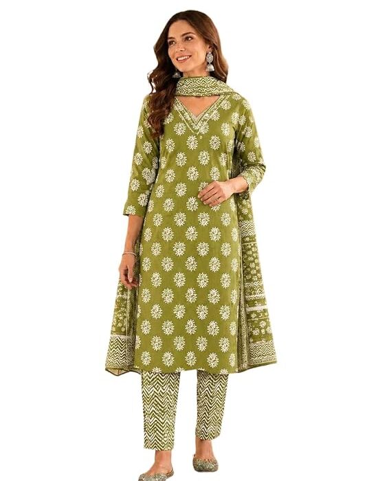 Womens 100% Cotton Floral Printed Straight Kurta with Pant and Dupatta Set | Everyday Ethnic Wear